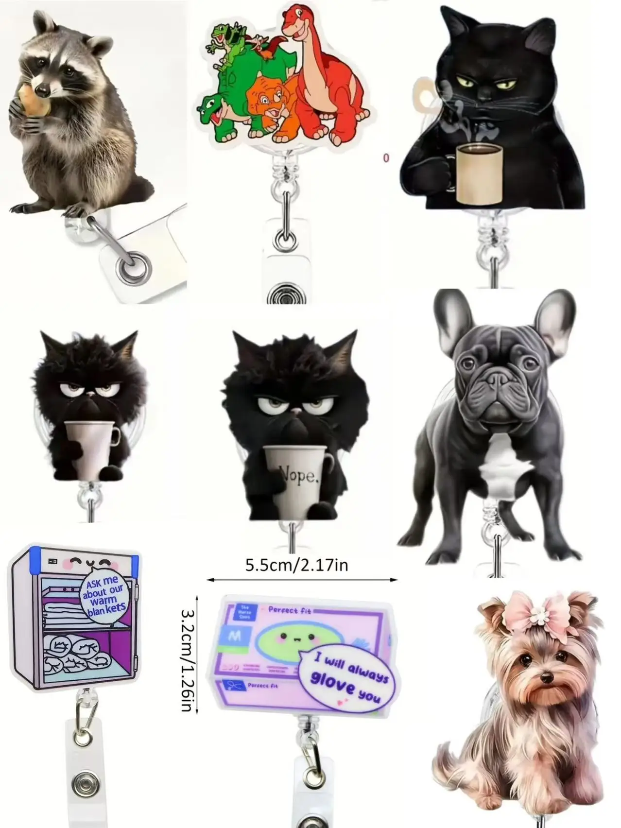 قطعة واحدة من مشبك شارة قابل للسحب على شكل قطة سوداء لطيفة، أكريليك ثنائي الأبعاد مع سلك نايلون متين، مناسب لعمال المكاتب والممرضات