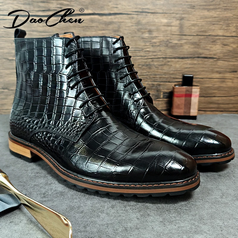 Luxury Crocodile Pattern Genuine Leather Boots Men's Chelsea Boots Men's Ankle Boots Fashion Designer Men's Brand Dress Shoes