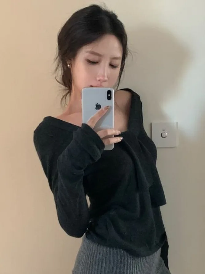 シックな V ネックロングスウェットニットセーター女性のスリムフィットピュアカラーベルト付きトップ韓国 Sle 秋の新着