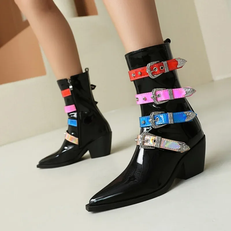 New Belt Buckle Cross Strap 6.5cm Thick Sole Long Boots Autumn Winter Fashion Short Plush Warm Women Knee High Boots Size 35-46