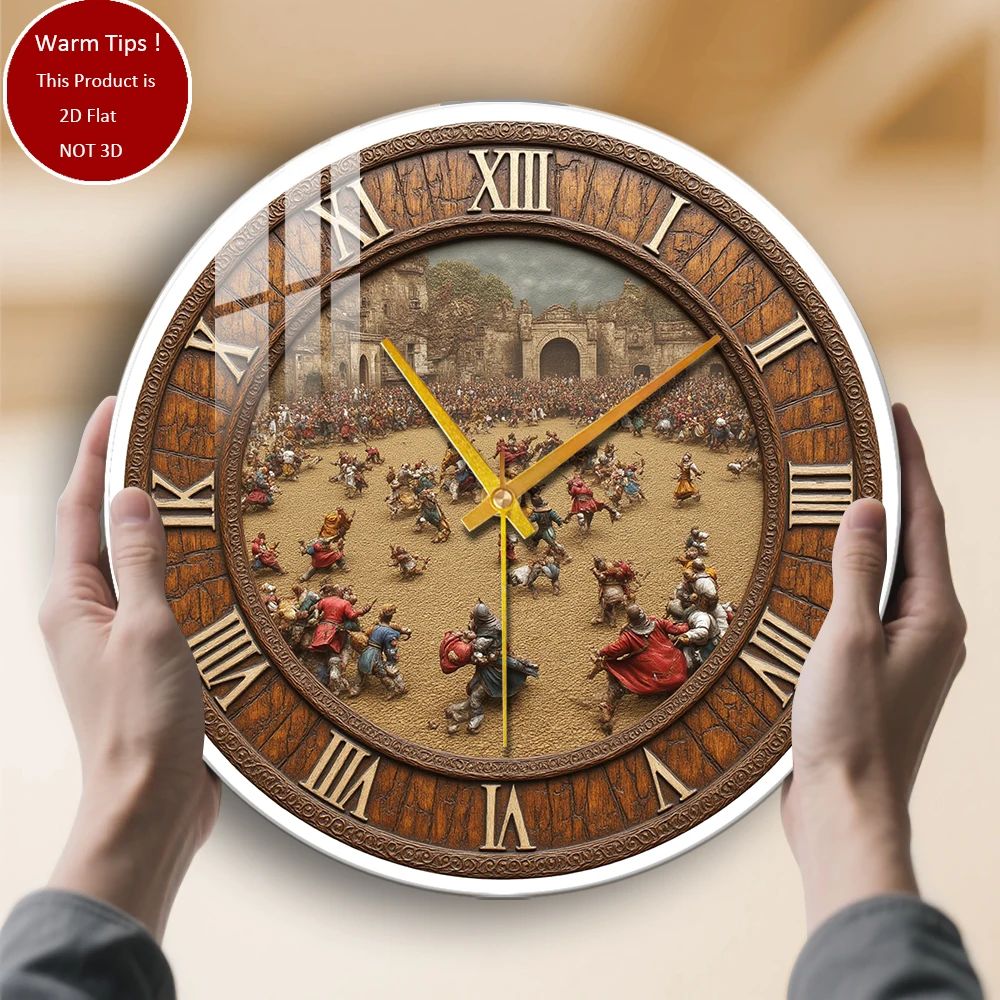 Tempered Glass Wall Clock Medieval Crowd Battle Scene Suitable For Wall Decor or Tabletop Display Anywhere
