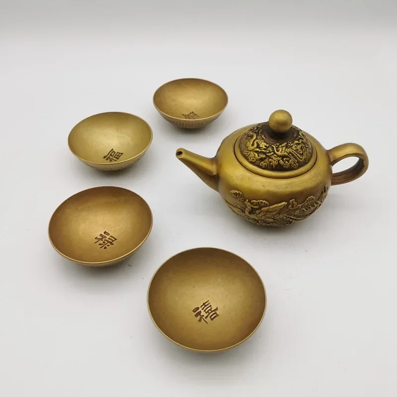 

Brass antiqued cupronickel wine pot teapot and teacup ornaments prosperity brought by the dragon and the phoenix