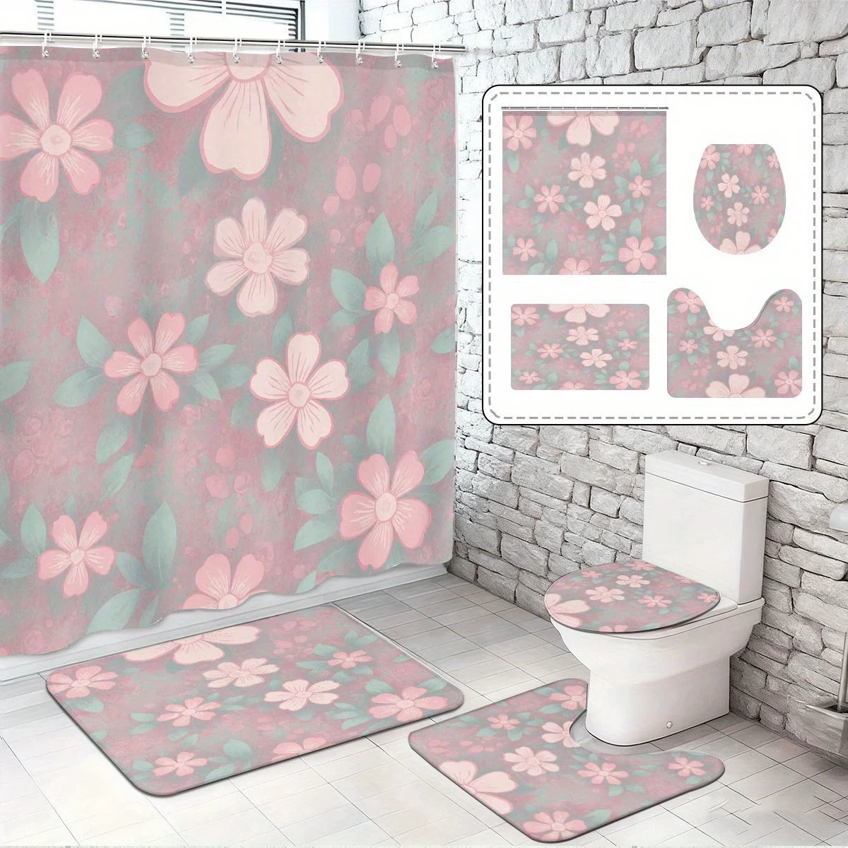 

Набор для ванной комнаты с розовым цветочным принтом из 4 предметов включает занавеску для душа с крючками, нескользящим ковриком, сиденье для унитаза и нескользящую накладку.