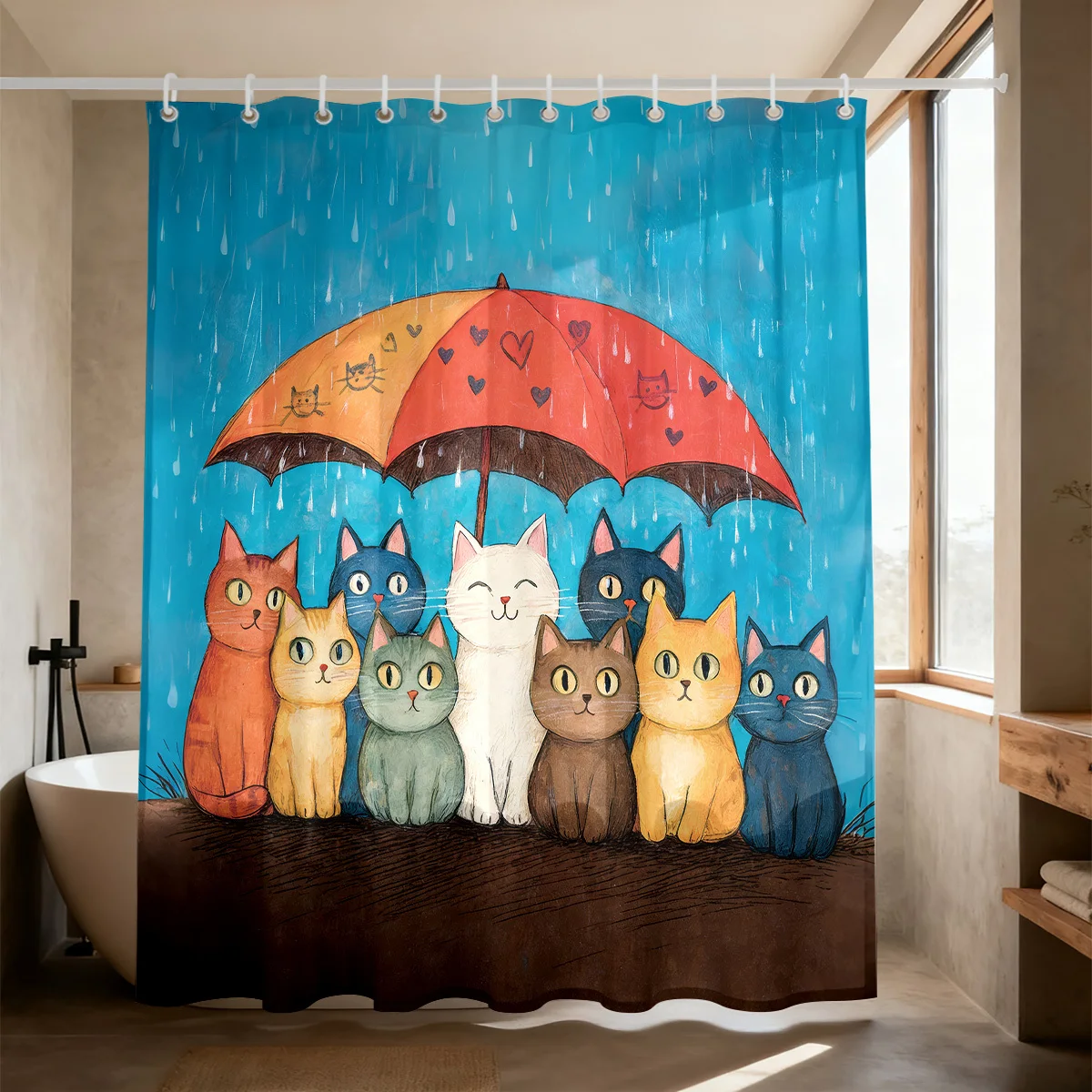 Whimsical Rainy Scene Group Of Colorful Kittens Huddling Under Heart‑decorated Umbrella Bright Blue Backdrop Flannel Blanket
