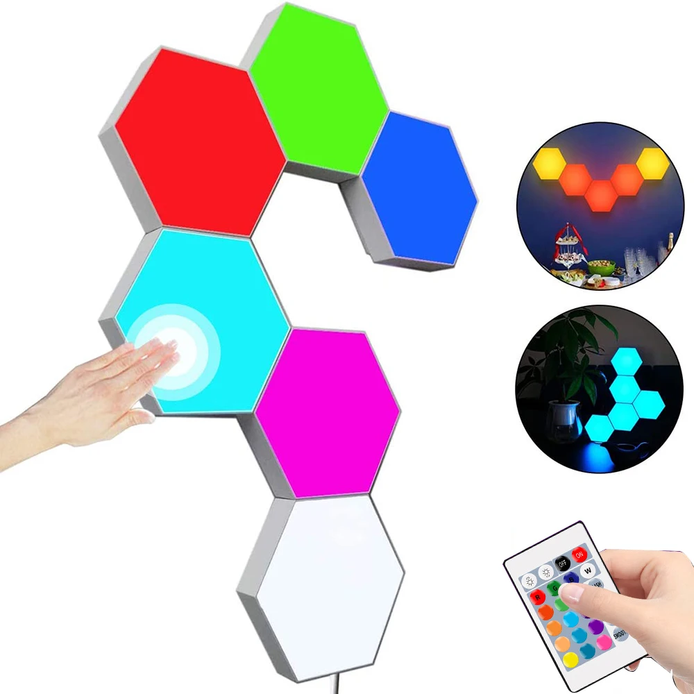 

Creative RGB Touch Hexagon Wall Lamp Night Light Remote Control Quantum DIY Honeycomb Lights For Computer Game Room Decoration