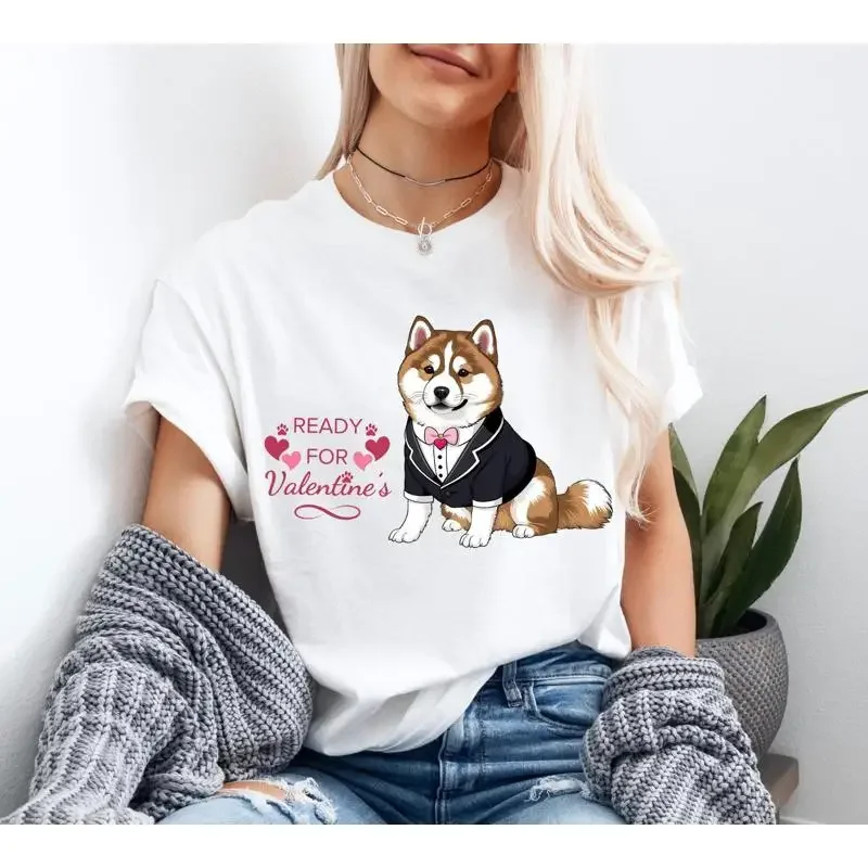 Adorable Fluffy Dog T Shirt Ready for Valentine's Cute Japanese Inspired Design Perfect Pet Lovers Valentine