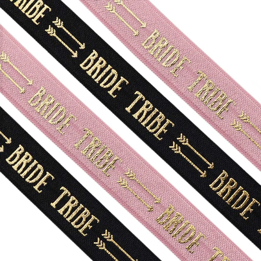 

5/8" 15MM Gold Foil BRIDE TRIBE With Arrow Printed Fold Over Elastic FOE Ribbon For Ponytail Holder Bracelet Hair Accessories