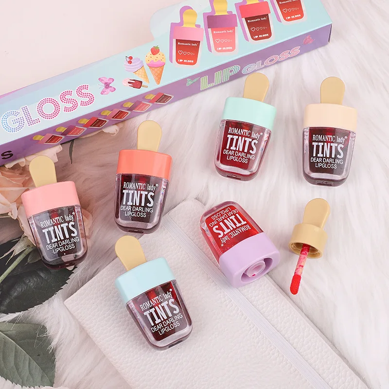 12Pcs Ice Cream Fruit Lip Gloss Set Lip Stain Lip Water Tint Moisturizing Longlasting Non-sticky Liquid Lipstick Lips Makeup