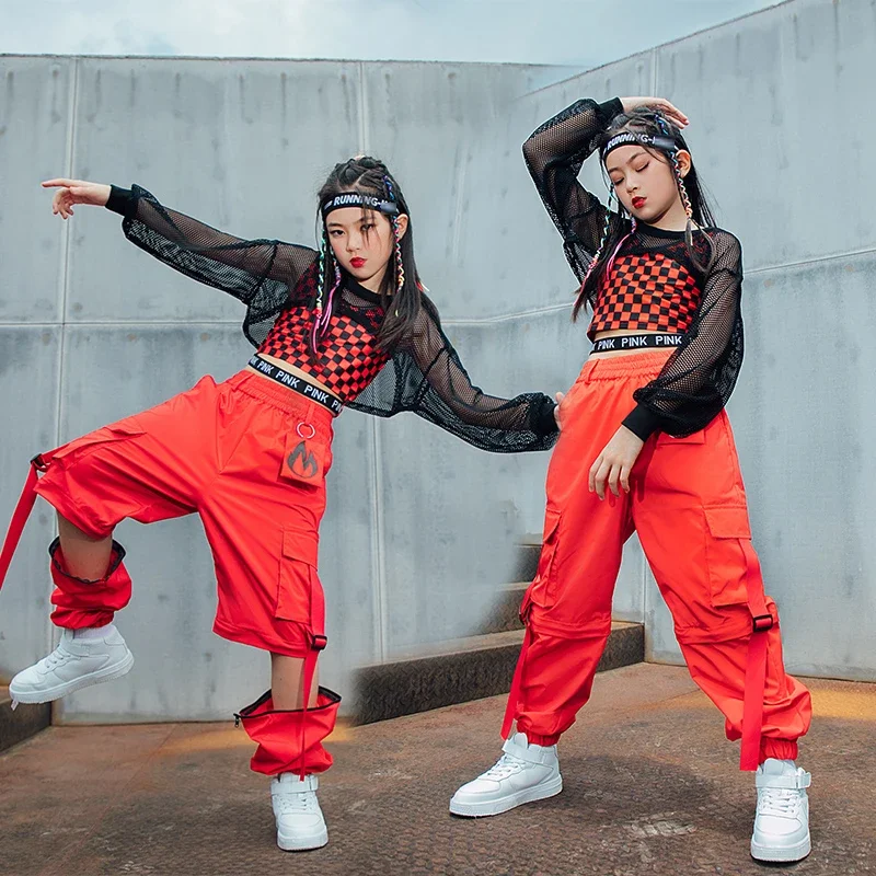 

Kids Hip Hop Street Dance Costume Red Lattice Vest Loose Cargo Pants Net Tops For Girls Clothes Jazz Show Stage Outfit BL7114