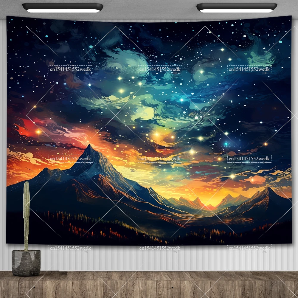 Starry Night Sky Tapestry Mountain Sunset Wall Hanging Tapestry Aesthetic Room Decor Landscape Tapestries Background Cloths