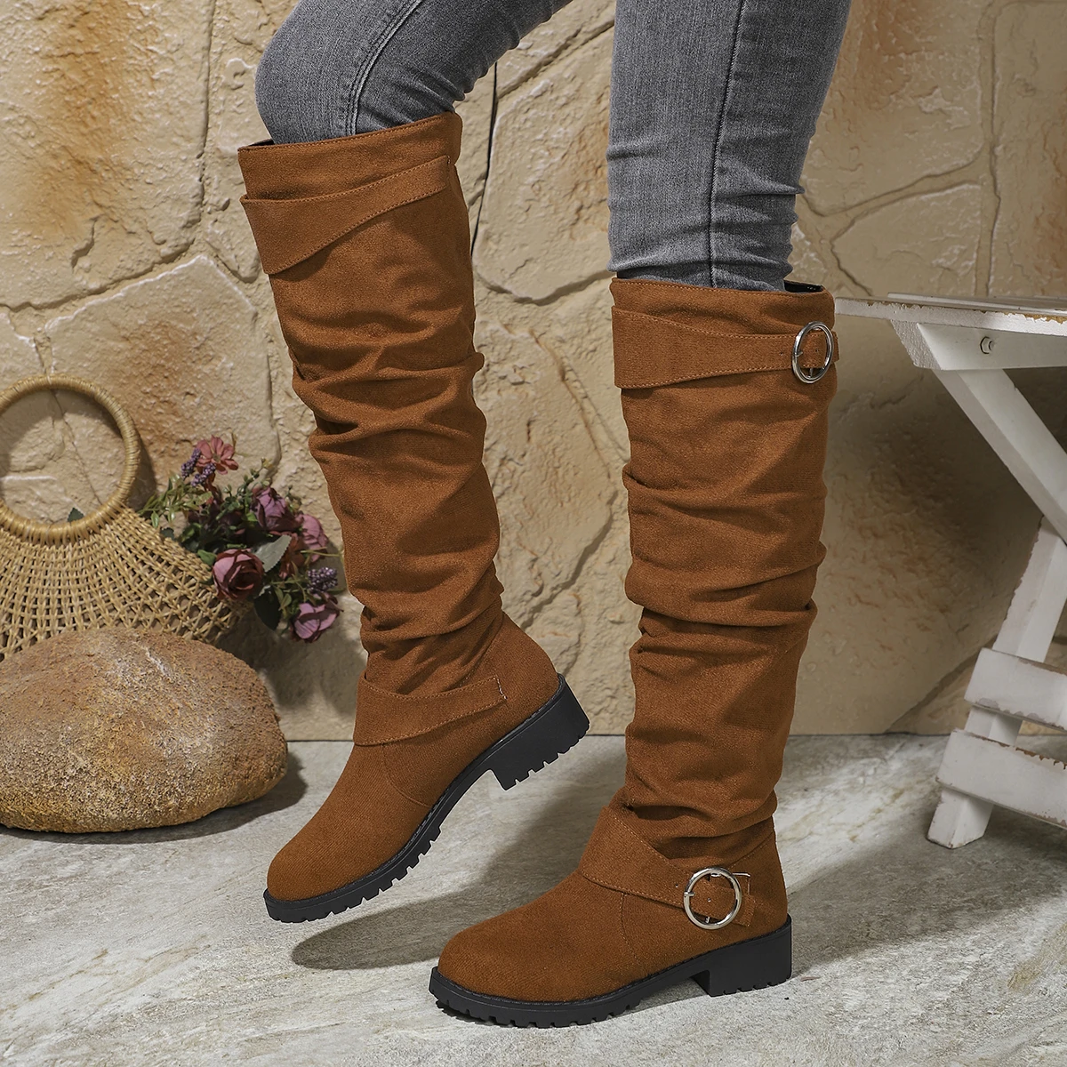 Women Stylish Mid-Calf Slouchy Boots Soft Comfortable Round Toe Design Easy Pull-On Closure Outdoor Casual Shoes Shoes for Women