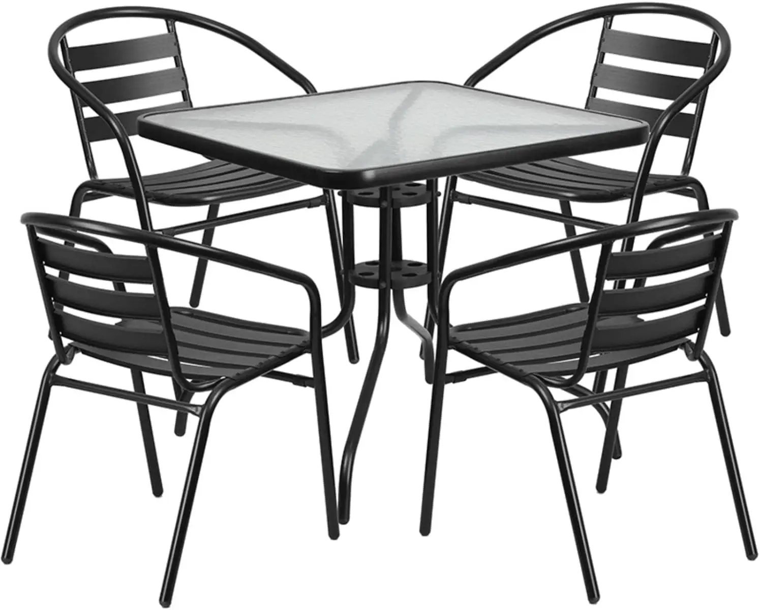 5-teiliges Terrassen-Ess-Set mit 31.5 "quadratischem Glas-Metall tisch und 4 stapelbaren Lamellen stühlen, Bistro tisch und Stühlen im Freien