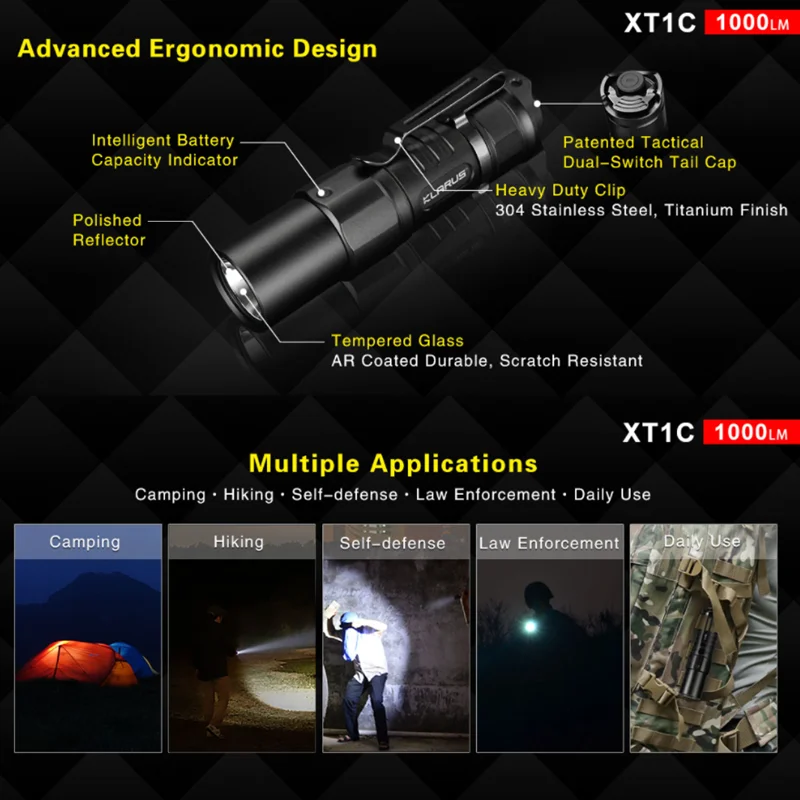 Imagem -06 - Klarus Xt1c Lanterna Tática Xp-l hd v6 Max 1000 Lúmen Edc Luz Duplo-interruptor Tocha Micro-usb Carregamento 16340 Li-ion Bateria