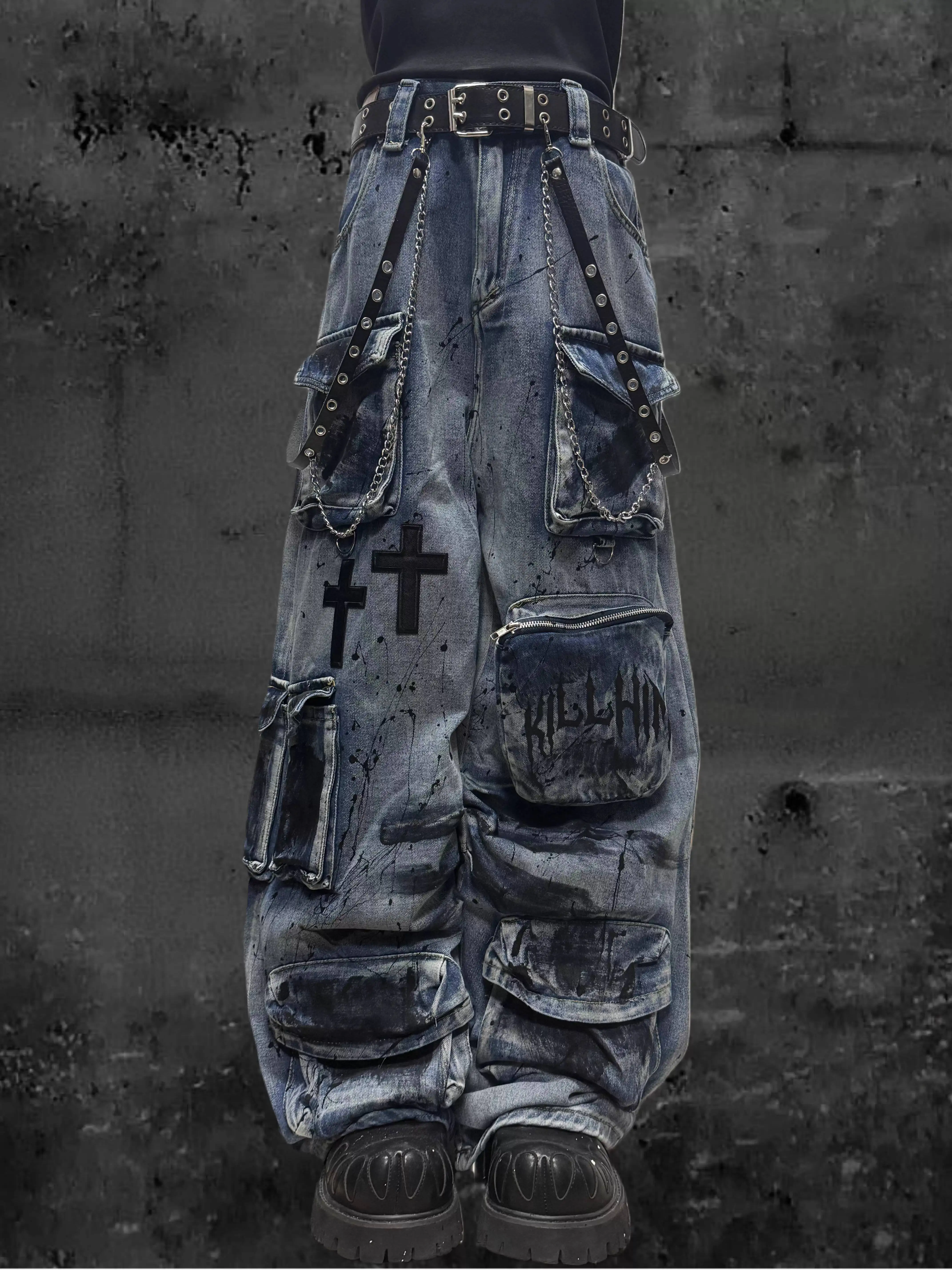 

Unisex Jeans 2026 Spring Wasteland Style Jeans Multi Pocket Y2K Graffiti Splash Ink Loose Wide Leg Denim Cargo Pants