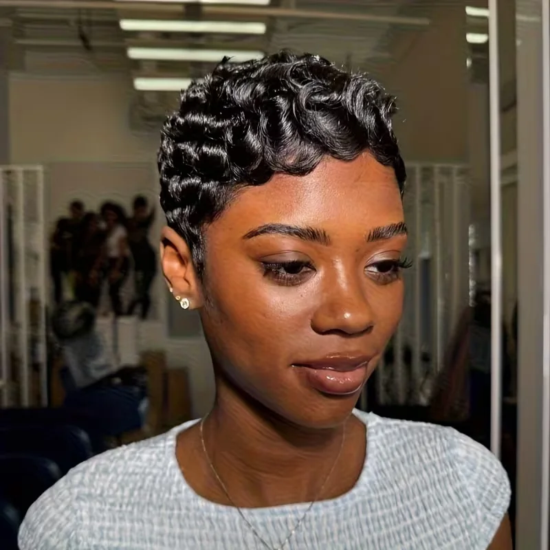 

Короткий парик из человеческих волос Pixie Remy, черный цвет, волна на палец, Choima, парик машинного производства, зарезервированная обрезная длина, подходящий парик