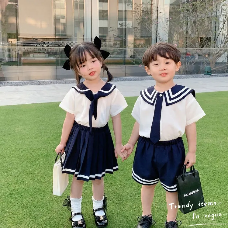 

Summer Girl Boy Clothing Sets Korean Fashion Toddler Kids Navy School Style Tees Shorts skirt 2pcs Outfit Children Casual Suits