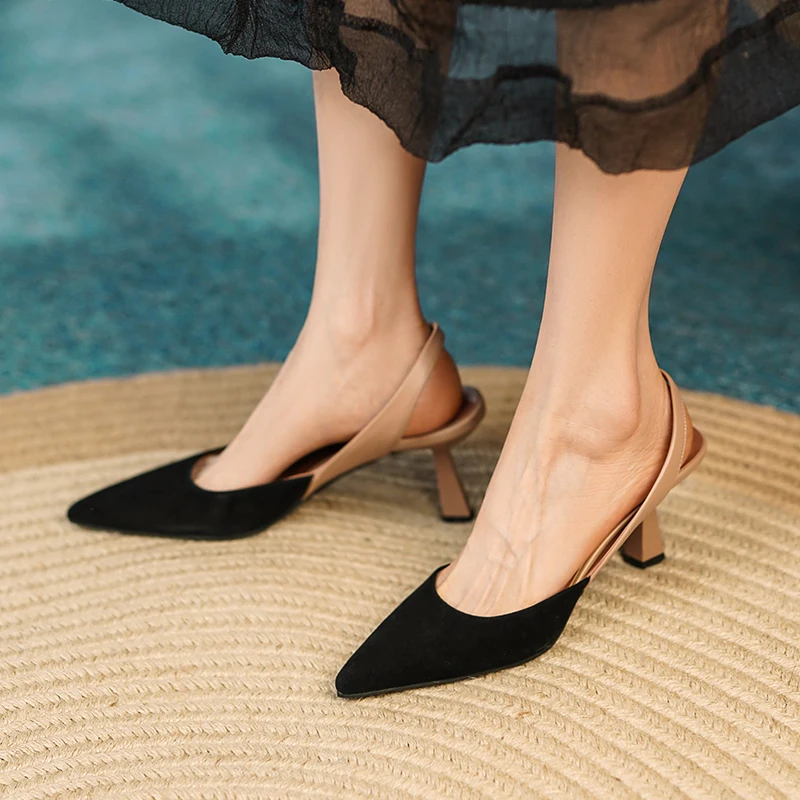 2024 Spring Women Shoes Genuine Leather Heels Women Point Toe Slingbacks High Heels Shoes for Women Shoes for Wedding Women