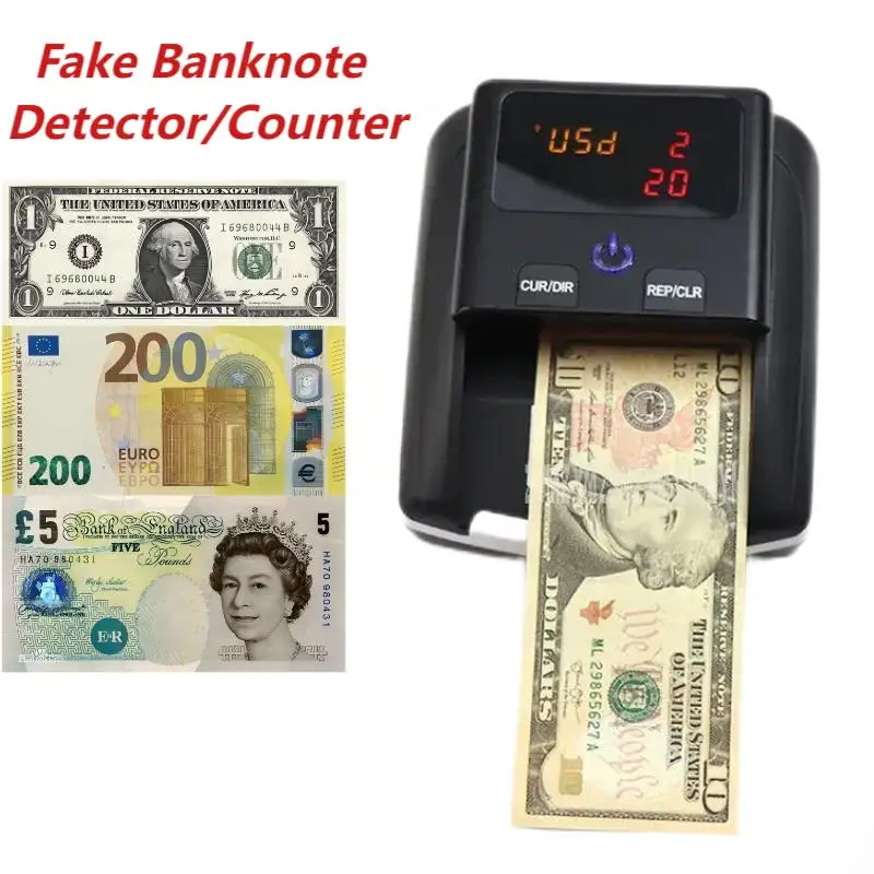 USD Euro GBP Fake Banknote Detector UV Magnetic Detection LED Display Screen Support Counting Total Amount/Quantity Of Money