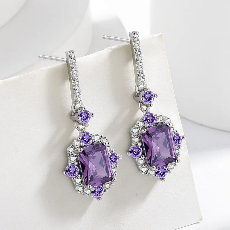 Vintage Amethyst Tropfen-Ohrringe für Damen, 925 Silber Zirkon Hängeohrringe, Luxuriöser Brautschmuck für Hochzeit und Partys – Detail 3