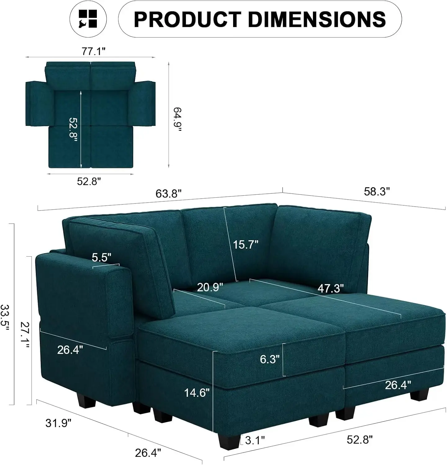 Modular Small Sofa Sectional Sleeper Couch Convertible Sectional Sofa Bed Set for Small Space Peacock Blue