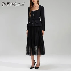 TWOTWINSTYLE Solid Spliced Mesh Slimming Dresses For Women Square Neck Long Sleeve High Waist Temperament Dress Female Fashion