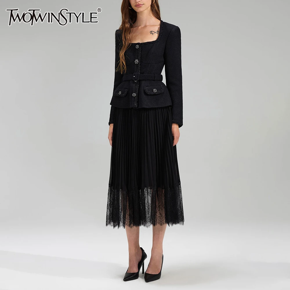 TWOTWINSTYLE solidna, łączona siateczka sukienki wyszczuplające dla kobiet kwadratowy dekolt z długim rękawem wysoka talia Temperament sukienka moda damska