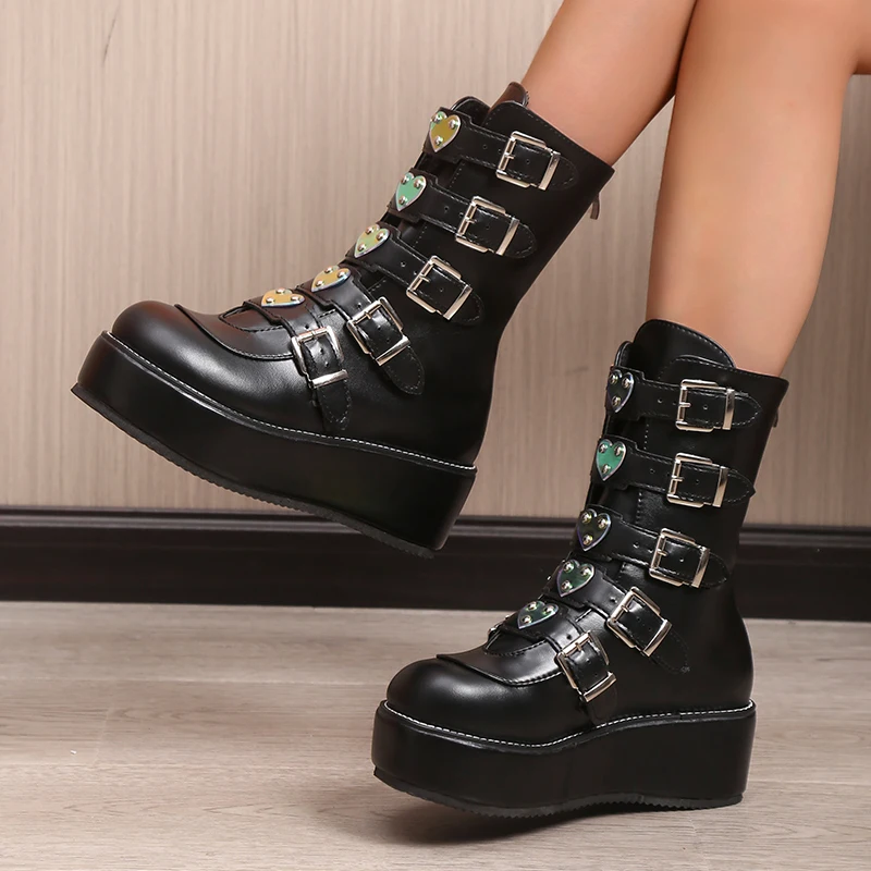 Luxury Brand Big Size 43 Fashion Cool Street Buckles Goth Winter Platform Motorcycles Boots Halloween Cosplay Black Woman Shoes