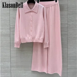 9.25 KlasonBell Women's Fashion Casual Wool Knitted 2 Piece Set Letter Lapel Button Cardigan + Elastic Waist Wide Leg Pants