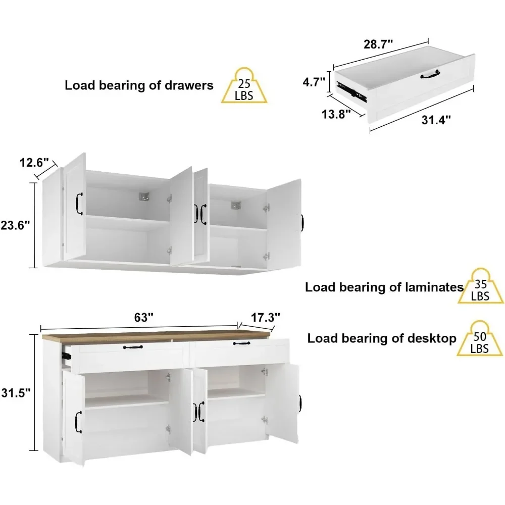 Kitchen Cabinet and Wall Mounted Cabinet with Countertop & 2 Drawers, Wall Kitchen Pantry, Pantry Storage Cabinet with Doors