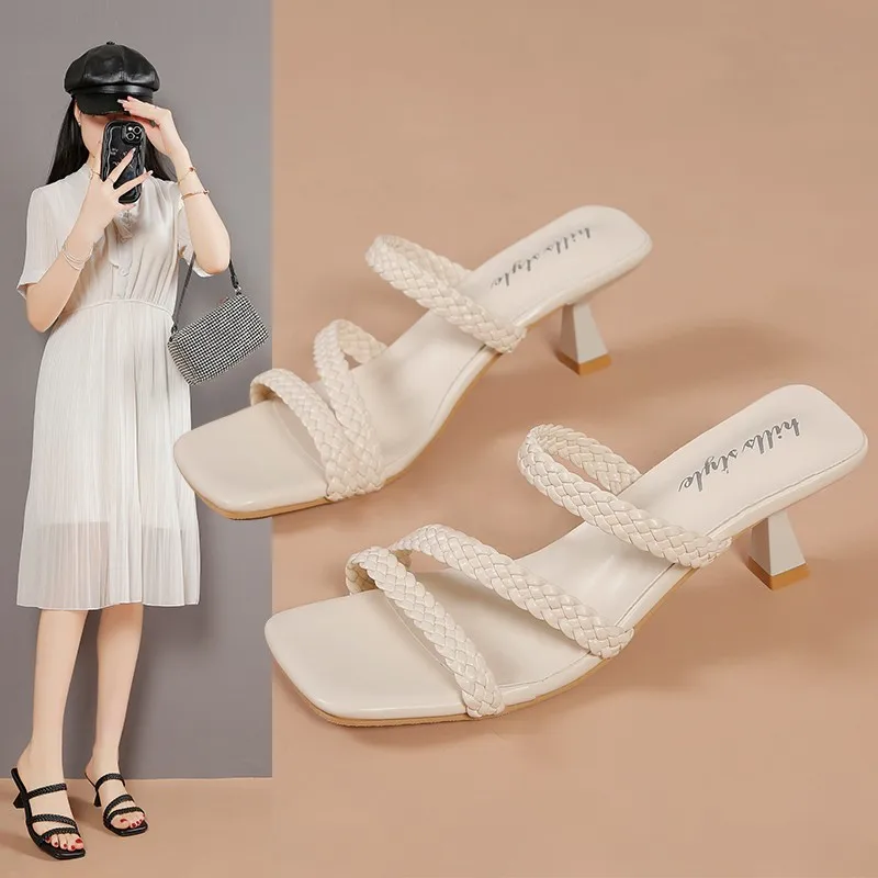 Zapatillas de boda con tacón para mujer, sandalias trenzadas elegantes, zapatos de verano, 2024