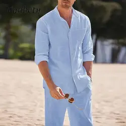 Casual Cotton Linen Men Two Piece Set Autumn Solid Color Long Sleeve Shirt And Long Pant Set Holiday Beach Loose Men's Outfits
