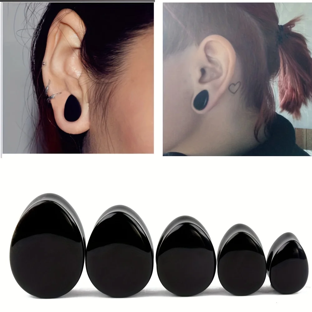1 Pair Men's Water Drop Shape Obsidian Ear Contour Stone Ear Plugs Expander Gauges Tunnels Size 6mm-16mm Black Ear Jewelry