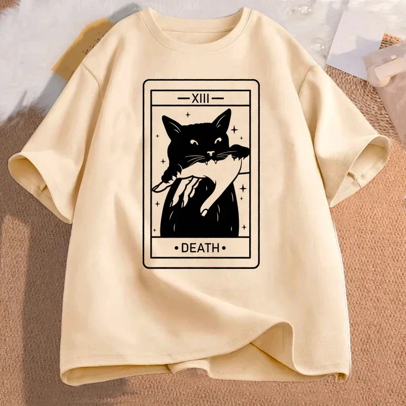 Tarot Death Witchy Cat Women Funny Tarot Card Tshirt Cat Mom Tee Shirt Crazy Lovers Cat Lady Harajuku Short Sleeve Casual