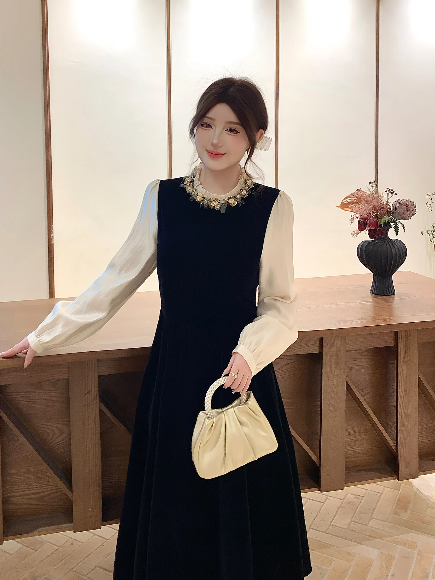 

Женское бархатное платье Ele Long Sve с цветовыми блоками, завышенной талией, облегающее, во французском стиле, больших размеров, для весенне-осеннего сезона