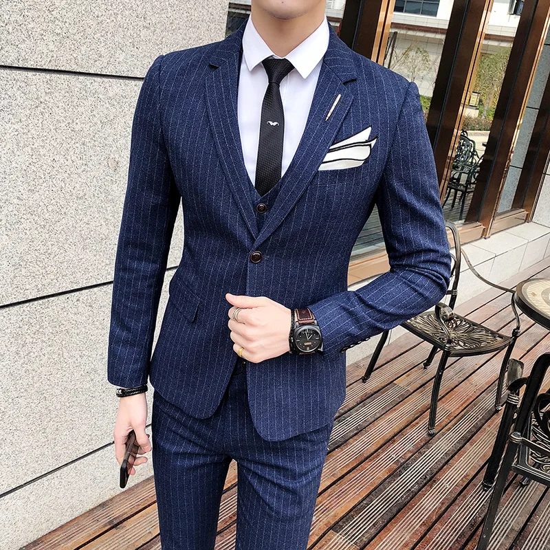 

2024 High-end Fashion Business Stripes (suit + Vest + Trousers) Dress Boutique Fashion Slim Handsome Business Three-piece Set