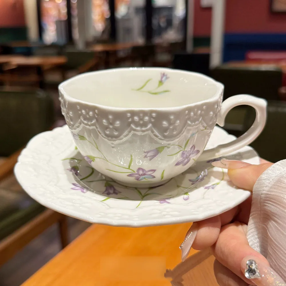 French-style Relief Floral Pattern Cup And Saucer Set Ceramic Tea Cup And Saucer Set Elegant Two-piece Sets Coffee Cup and Dish