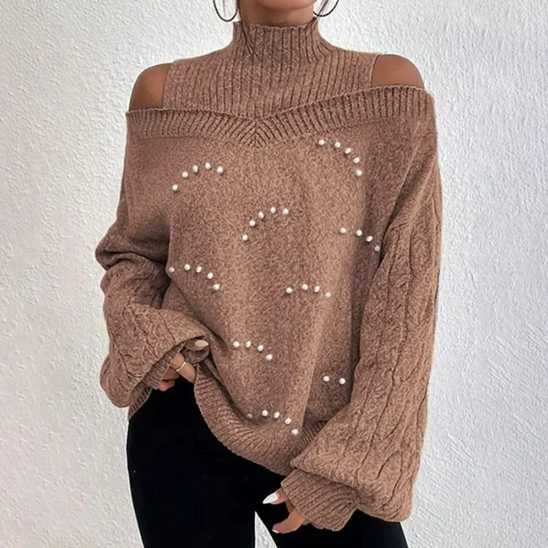 Fashion Knit Sweater Winter Women Pullover New Sexy Off Shoulder Loose Full Lantern Sleeve Mock Neck Nail Bead Sweater Outerwear