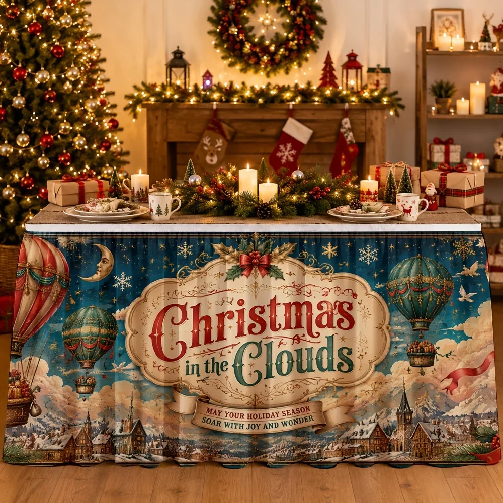 One tablecloth - for holidays and Christmas -Cloud hot air balloons - winter village scene -holiday party and banquet decoration