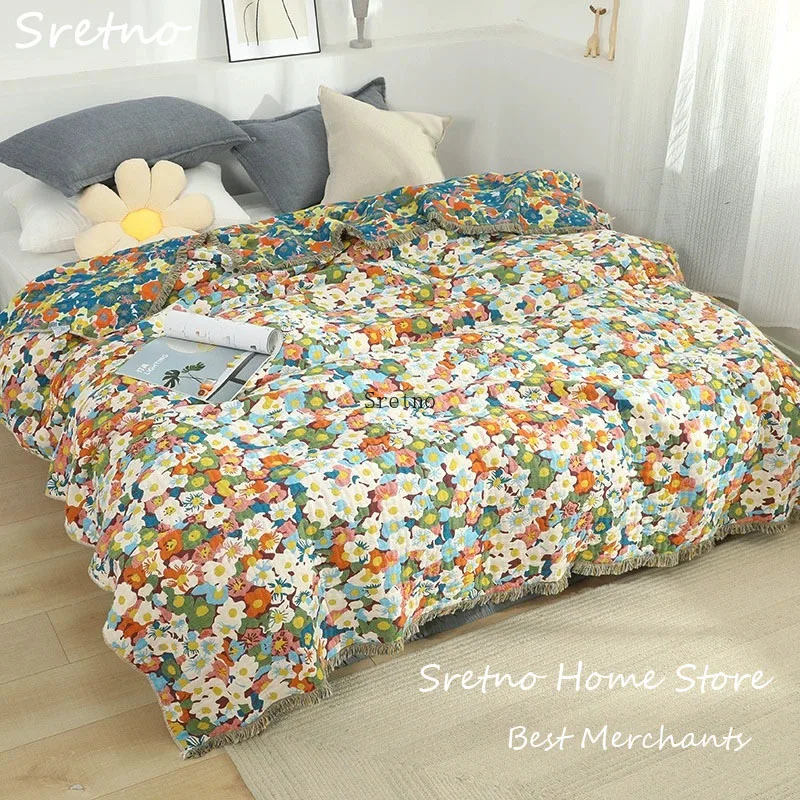 

Многослойное марлевое одеяло SRETNO из чистого хлопка с мягкой бахромой, плед для дивана, одеяло для кондиционера, покрывало