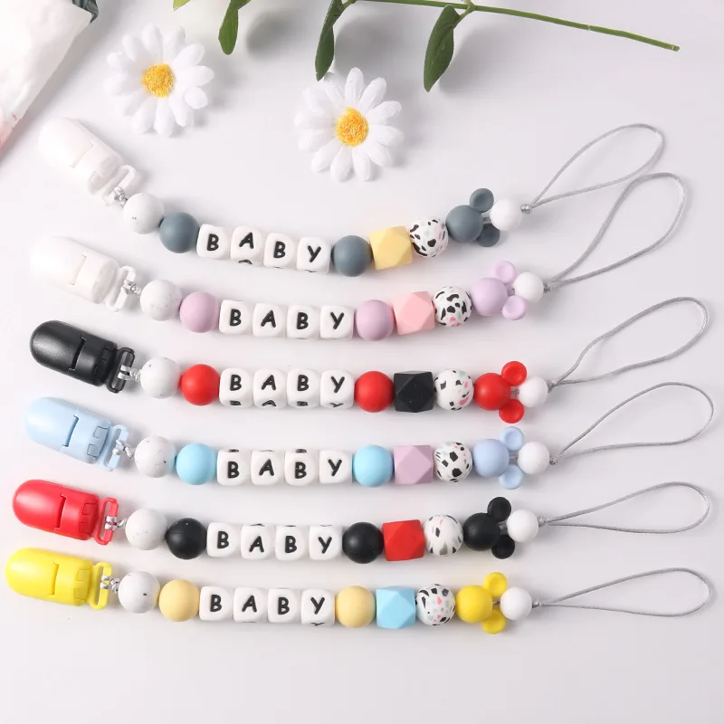 

Baby Pacifier Clips Personalized Name Cartoon Dummy Nipples Holder Clip Chain Silicone Teething Toys Accessories Infant Feeding