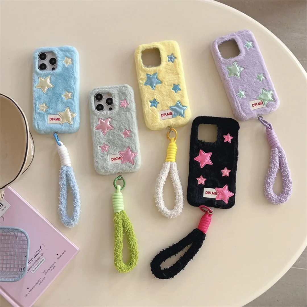 

Korean Cute Cartoon Plush Star Pattern with Phone lanyard Case For iPhone 17 Pro Max 16 15 14 Plus 13 X Shockproof soft Cover