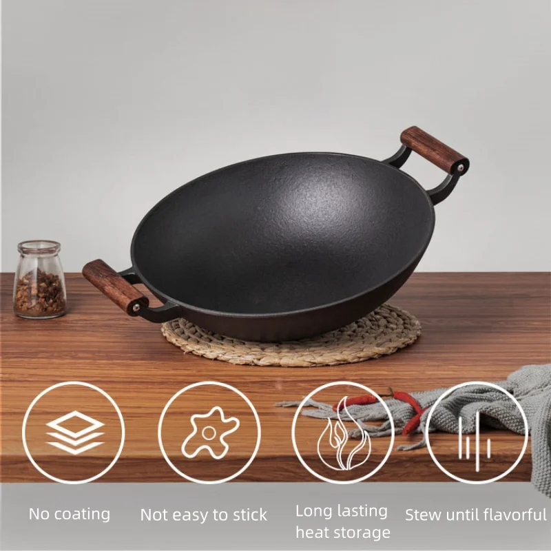 Sartén de hierro fundido con asas de doble bucle para cocina de Gas e inducción, recubrimiento de 0, antiadherente, para estofado y freír