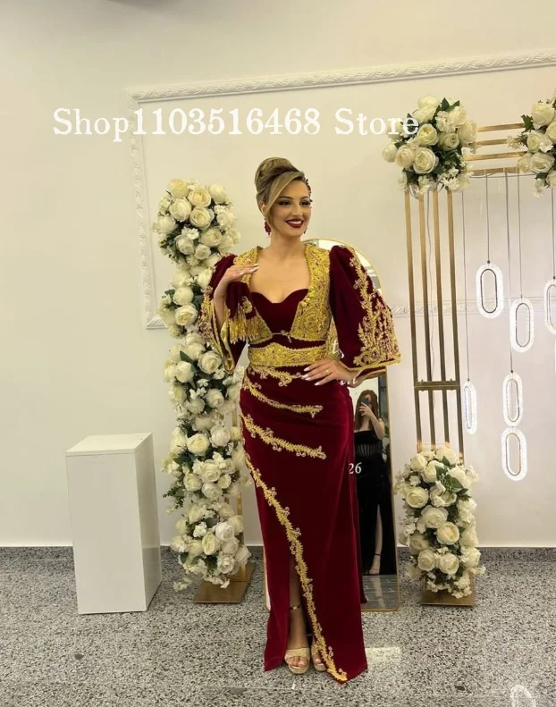 Burgundy Mermaid Elegant Wedding Dress Gold Lace Side-Slit Bridal Gown Customized Traditional Algerian Wedding Dress Arabic Gown