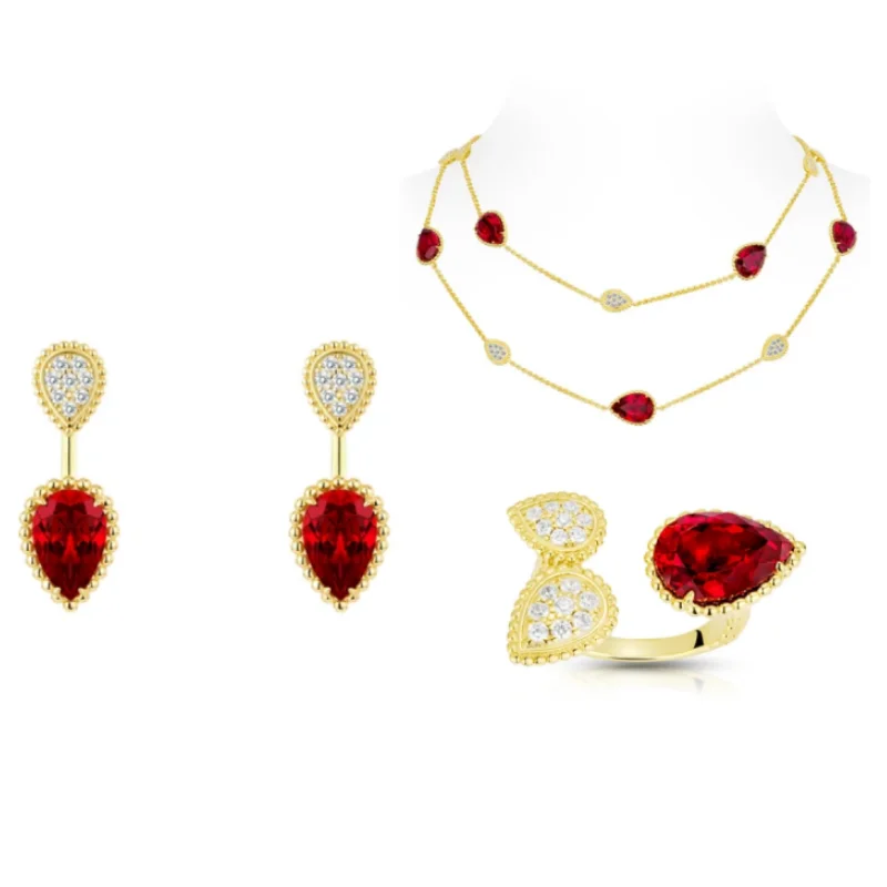 

BELLUX 925 Серебряный позолоченный комплект ювелирных изделий с красным цирконом, винтажное многослойное ожерелье, серьги-капли, комплект открытых колец, вечерние свадебные украшения