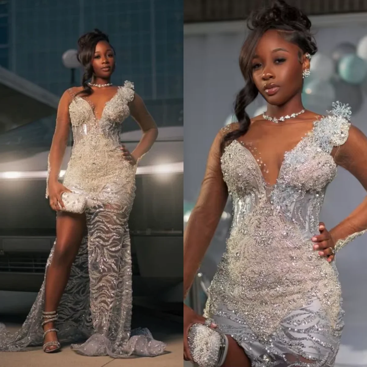 

Luxury Sexy V-neck Prom Dresses Lace Water Diamond Ruffle Mermaid Evening dress Black Girl Birthday Dress Customization