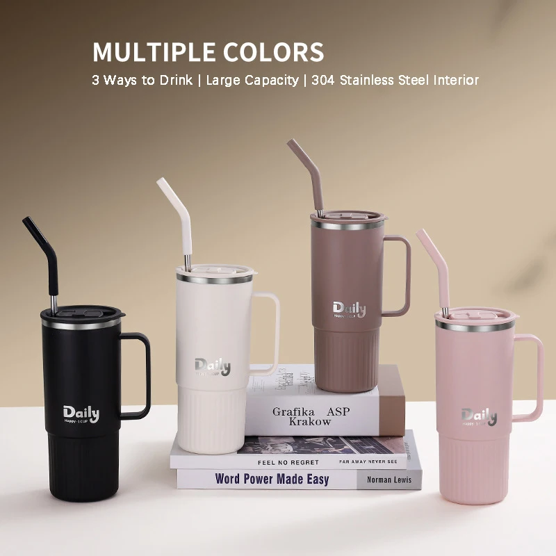 800ml Stainless Steel Cup with Straw and Tea Compartment Handgrip Portable Handy Cup Large Insulated Tumbler Outdoor Travel