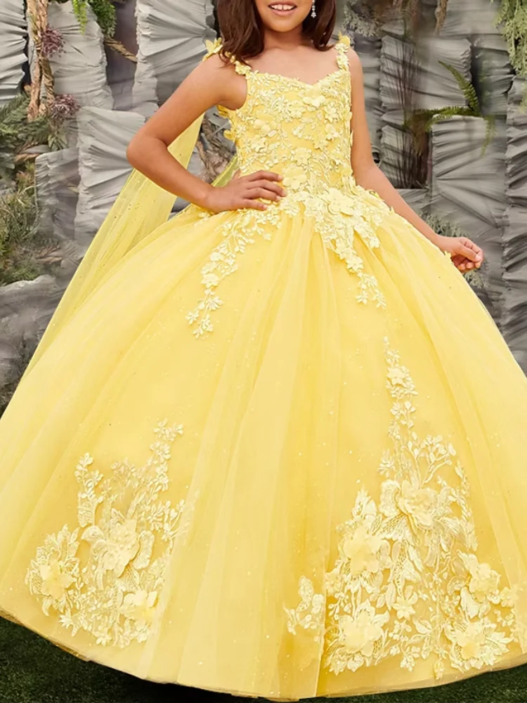 Princesa até o chão flor menina vestido Quinceanera meninas bonito Prom vestido de cetim com apliques faísca elegante fit 3-16 anos