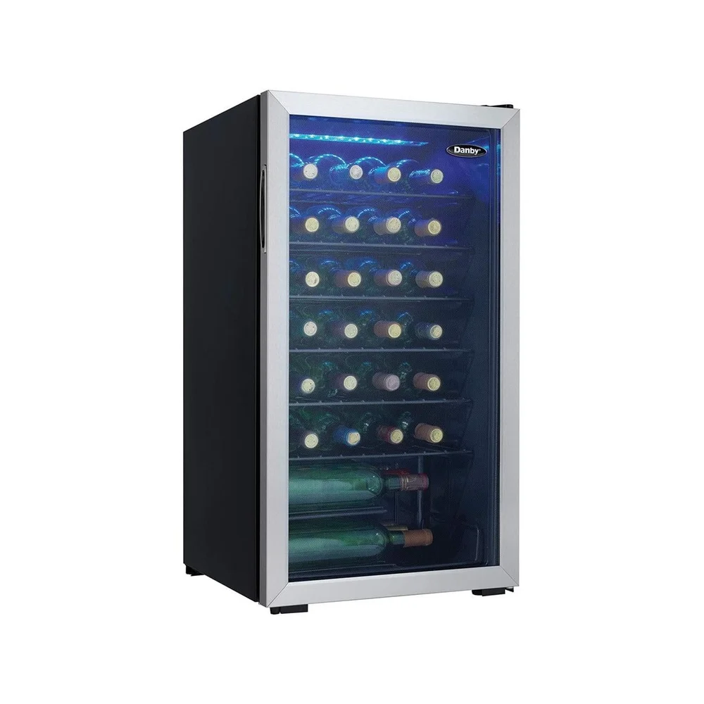36 Bottle Stainless Steel Wine Cooler with Blue LED Lighting Tempered Glass Door Reversible Handle Black Wire Shelves Energy