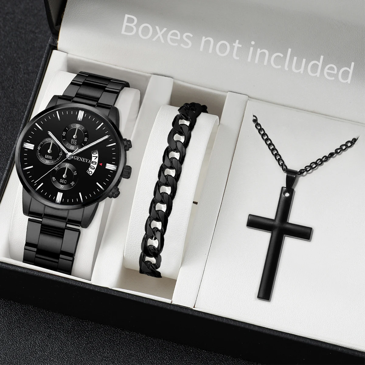 3PCs/Set Men Watch Fashion High-end Stainless Steel Strap Men Business Quartz Watch Bracelet Necklace Set