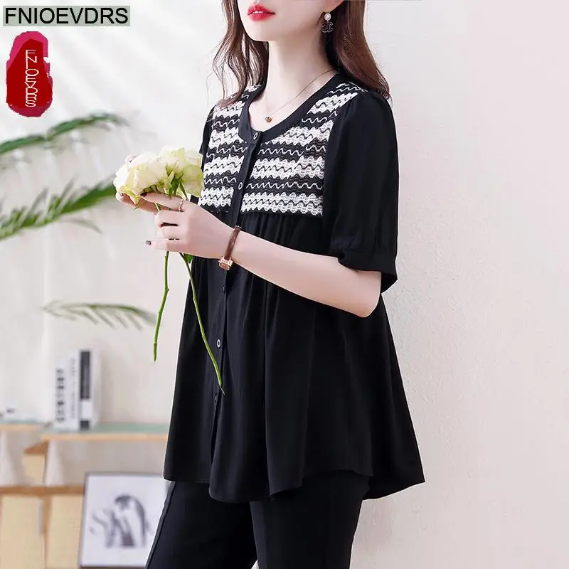 느슨한 옷 여성 2025 여름 짧은 소매 캐주얼 패치 워크 스트라이프 자수 탑 버튼 블랙 레이디 셔츠 블라우스